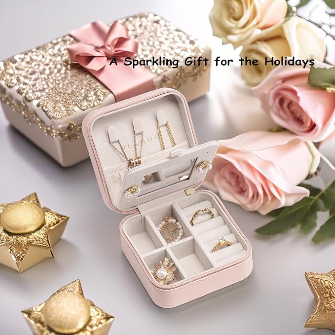 Vlando Small Travel Jewelry Box Organizer - Mirrored Jewelries Necklaces Rings Earrings Necklace Storage Case, Pink