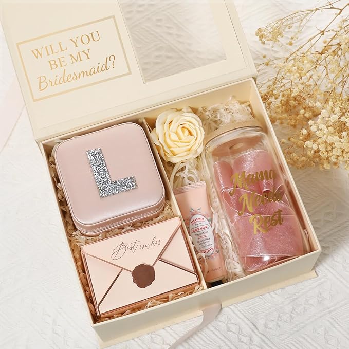 CHMI Bridesmaids Proposal Jewelry Organizer - Personalized Mini Case for Graduation Gifts, Initial Pink