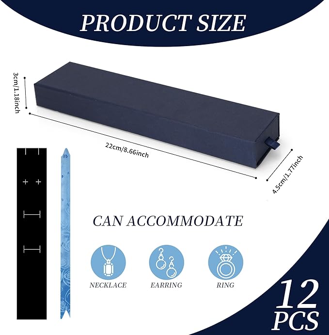 12-Pack Drawer Style Jewelry Gift Boxes with Sponge Insert, 8.7"x1.8"x1.2" Necklace & Bracelet Display Box for Presentation, Cardboard Storage Organizer for Pendant, Ring, Earring - Navy Blue