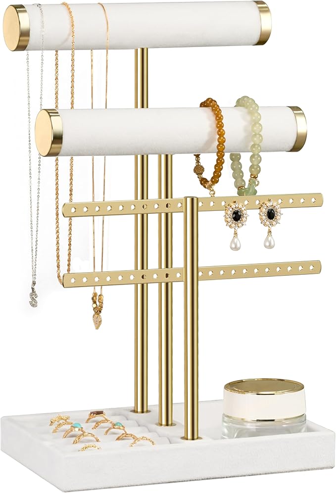 bussdis 3 Tier Bracelet Holder Display - Detachable T Bar White Velvet Bracelet Holder, Jewelry Holder Organizer for Bracelet, Necklace, Earrings, Rings