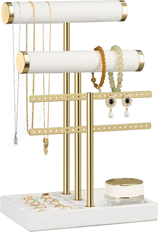 bussdis 3 Tier Bracelet Holder Display - Detachable T Bar White Velvet Bracelet Holder, Jewelry Holder Organizer for Bracelet, Necklace, Earrings, Rings