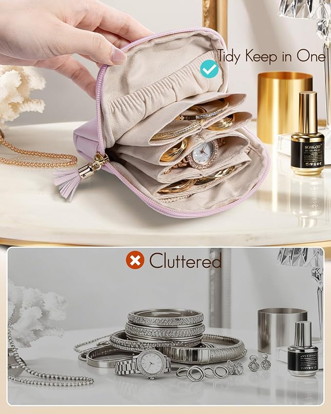 VLANDO Mini Jewelry Travel Case,Jewelry Pouch Bags with Zipper, Velvet Jewelry Organizer Storage Bag for Bracelet Rings Earring Travel Essentials Gifts for Women Girl - Pinkish Purple