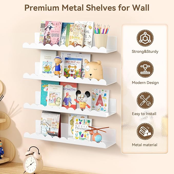 Nursery Book Shelves, 17 Inch Metal Floating Shelves for Wall 4 Pack, Scalloped Shelves, Wall Mounted Book Shelf for Kids Bedroom, Baby Room, Nursery Decor (White)