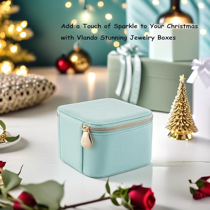 VLANDO Travel Jewelry Box Organizer – Portable PU Leather Jewelry Case with 6/8/12 Zippered Pouches, Compact Storage for Earrings Rings Necklaces Bracelets, Aqua Blue