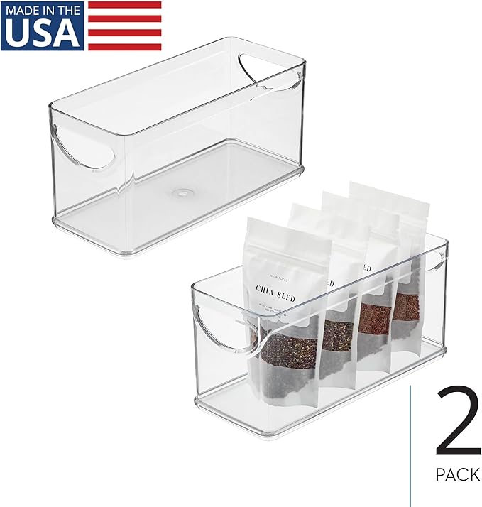 iDesign Narrow Pantry Bin with Handles for Kitchen Cabinets or Fridge, Set of 2, Clear, Made in USA
