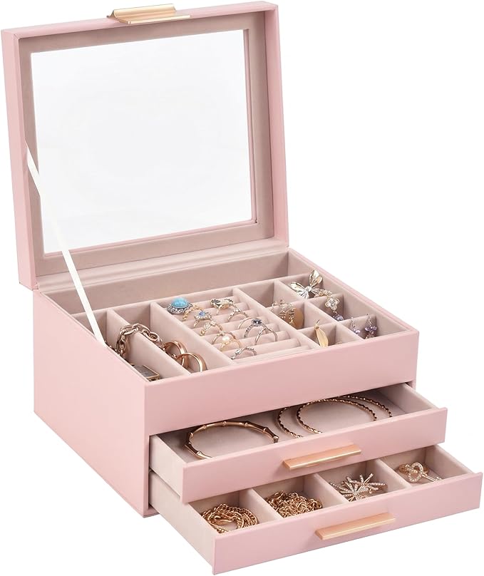 Somduy Jewelry Box Organizer for Women,3 Layers Jewelry Storage Display Box with Glass Lid,Gift for Christmas,3 Drawers,Large Capacity for Necklace Earrings Bracelets Rings,Pink