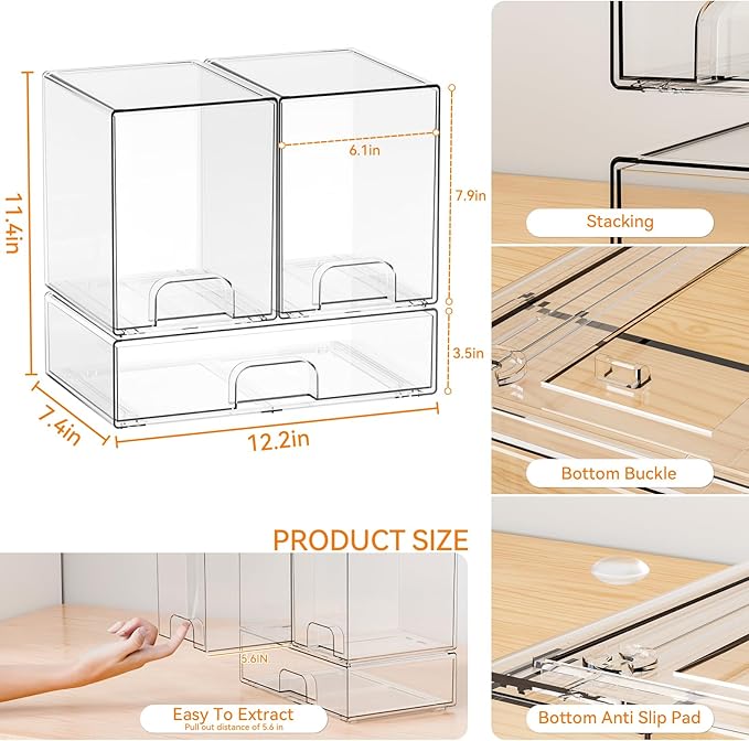 Yieach 3 Set Clear Baby Bottle Organizer for Countertop,BPA FREE Bottle Station Organizer for Breast Pump Parts,Pacifier and Baby Accessories,Stackable Drawers for Bathroom,Cabinet,Pantry Organization