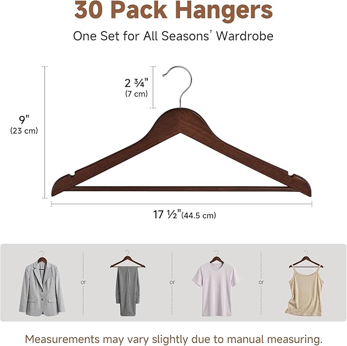 StorageWorks Wooden Hangers 30 Pack, Wood Coat Hangers for Closet, Heavy Duty Clothes Hangers for Suits, Shirts, Pants, Jackets, Walnut Color