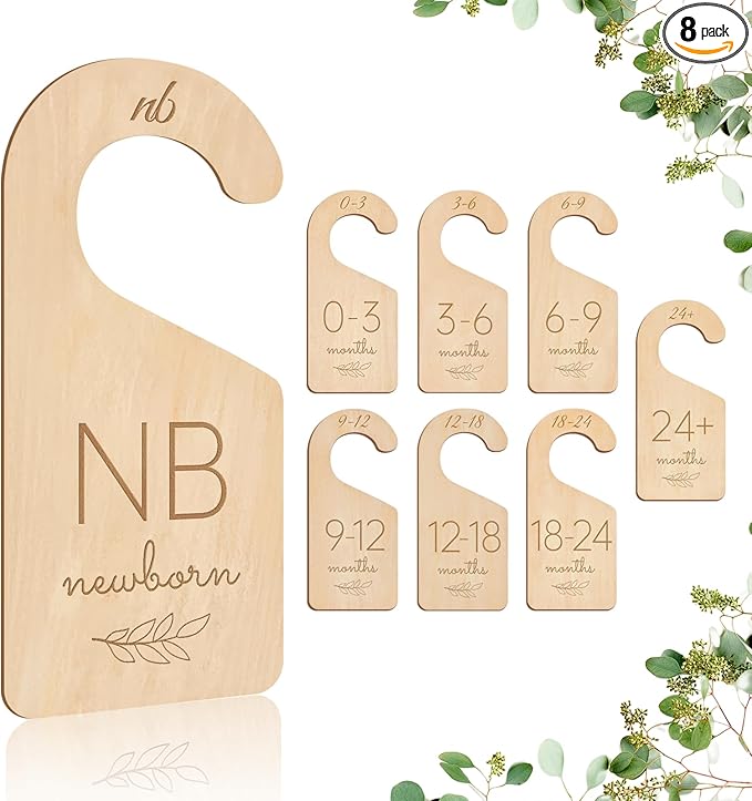 Wooden Baby Closet Dividers - 8 Pcs Double-Sided Design for Newborn Nursery Room Wardrobe Storage by Months Size - Perfect Toddler Clothes Organizer (Olive-1)