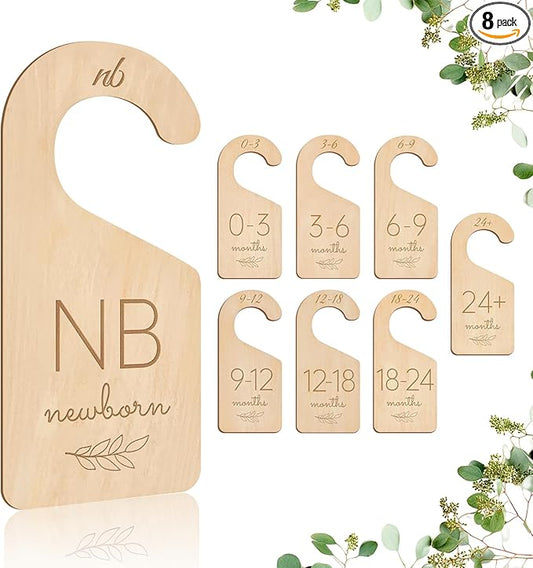 Wooden Baby Closet Dividers - 8 Pcs Double-Sided Design for Newborn Nursery Room Wardrobe Storage by Months Size - Perfect Toddler Clothes Organizer (Olive-1)