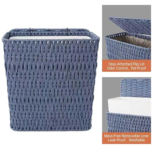 Coeusy 3 Gallon Paper Rope Bathroom Trash Can,Small Wicker Trash Cans with Lid and Liner,Woven Rattan Narrow Waste Basket for Bedroom,Office,Blue