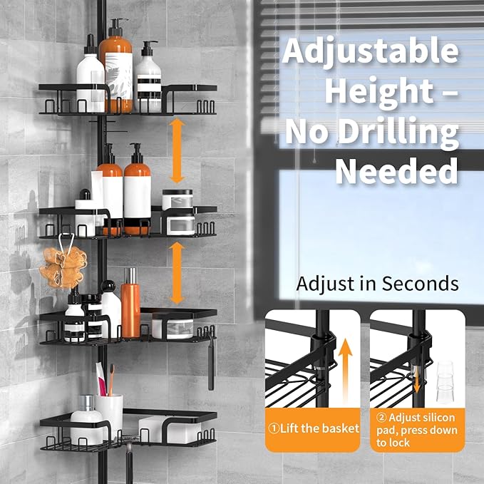 KEGII Shower Caddy Tension Pole – 4-Tier Adjustable Corner Bathroom Organizer Shelves with 2 Soap Holders, Hooks, Floor to Ceiling Storage Rack for Families & Renters, 25-114.2 Inch