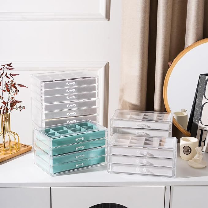 Lolalet Earring Holder Organizer Box Jewelry Storage with 4 Drawers, Clear Acrylic Stackable Earring Case with Adjustable Velvet Trays for Women on Dresser Vanity -Aqua, 4 Layers