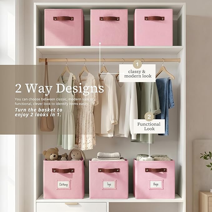 DECOMOMO Storage Baskets, 13x15x13 Storage Cube Bins with Labels for Organizing Shelves Kallax (Kallax / 4pcs, Pink)