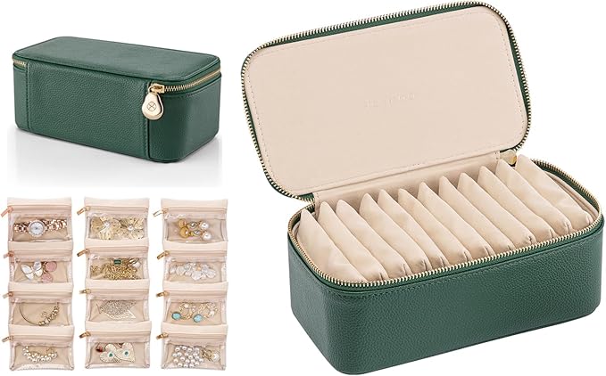 VLANDO Travel Jewelry Box Organizer – Portable PU Leather Jewelry Case with 6/8/12 Zippered Pouches, Compact Storage for Earrings Rings Necklaces Bracelets, Dark Green