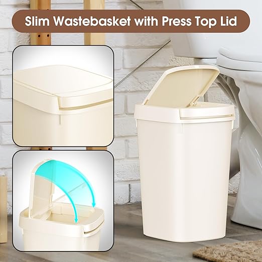 CEROELDA 3 Pack Bathroom Trash Can with Lid, 10L/2.6 Gal Small Garbage Can with Press Top Lid, Slim Plastic Waste Basket for Toilet, Office, Bedroom (Beige)