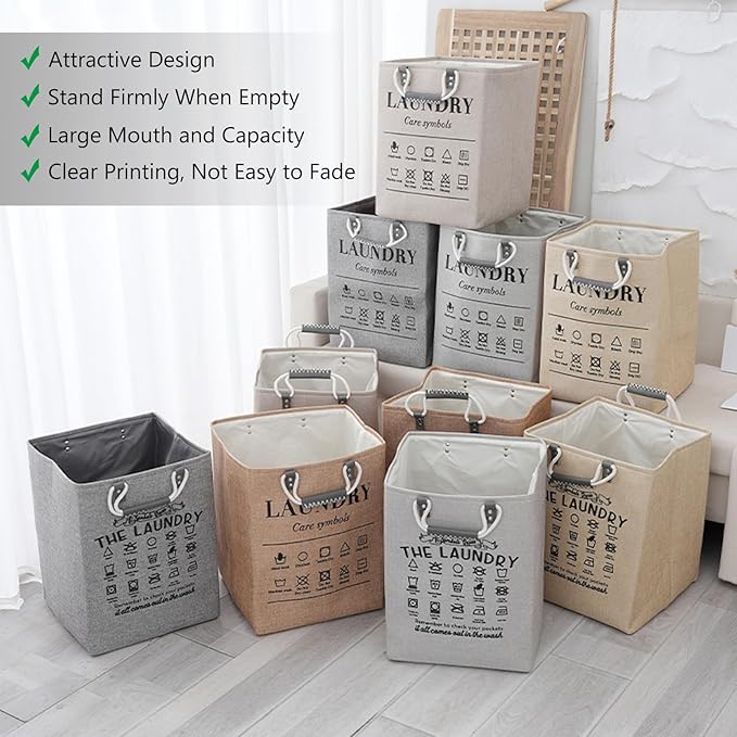 Small Laundry Basket, 50L Foldable Laundry Hamper Organizer with Handles, Fashion Portable Laundry Basket in Bedroom, Laundry Room, Closet, Bathroom, College Dorm (Beige)