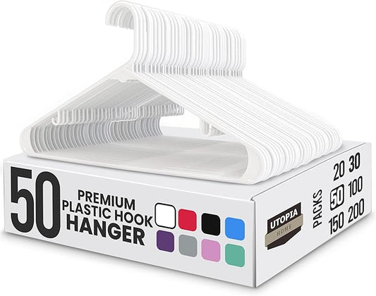 Utopia Home Plastic Hangers 50 Pack - Space Saving Clothes Hanger - Durable & Strong Closet Organizers and Storage with Built-in Strap Hooks - Essential for Shirts, Pants, Skirts & Coats (White)