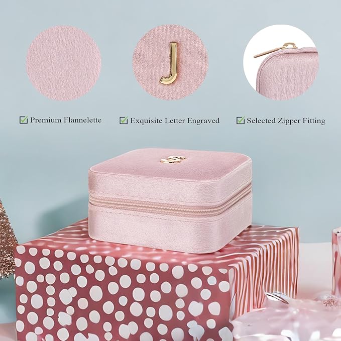 Vlando Small Travel Jewelry Box Organizer Display Case for Rings Earrings Necklaces Storage, Selected Soft Velvet, Letter J Engraved, Pink