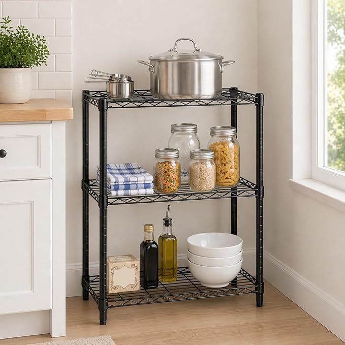 Honey-Can-Do 3-Tier Heavy Duty Adjustable Shelving Unit, 250-lb Per Shelf Metal Storage Rack, NSF Certified Wire Shelf for Kitchen Garage Pantry, Black, 24 x 14 x 30 in