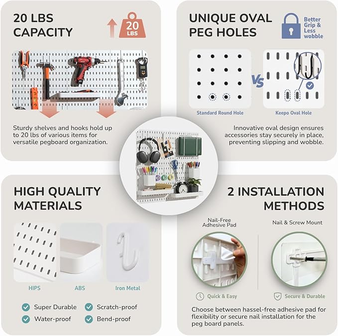 Keepo Peg Board Wall Organizer – Plastic Pegboard Panels, Modular Peg Board Storage System for Home Office, Craft Room, Gaming Setup (Black, 22″×22″)