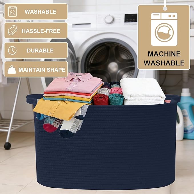 Large Blanket Basket,Woven Rope Basket Storage Bin with Handles,65L Rectangle Laundry Basket for Magazines,Toys,Clothes,Newspaper Shelf Organization,Nursery and Living Room,Navy