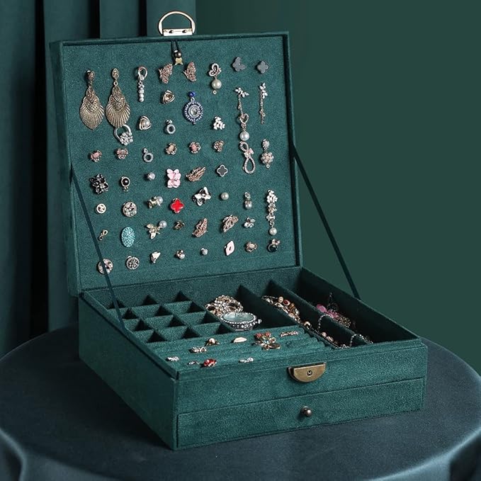 Women Jewelry Box Lockable 3 Layers Large Jewelry Organizer Storage Case for Earrings Necklaces Rings Bracelets,Green Display Jewel Holder (Green)