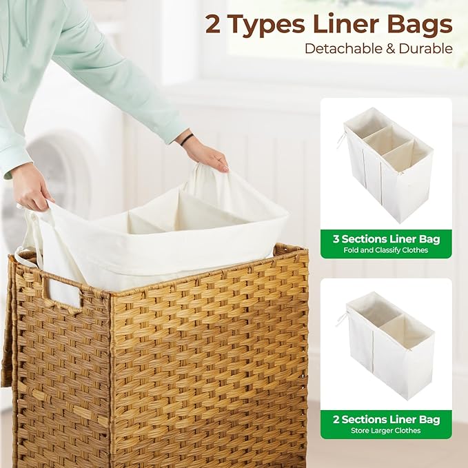 Greenstell Laundry Hamper with Lid, 125L Wicker Laundry Baskets with 2 Removable Liner Bags & 5 Mesh Laundry Bags, Handwoven Rattan Clothes Hamper with Handles for Clothes in Bathroom, Bedroom
