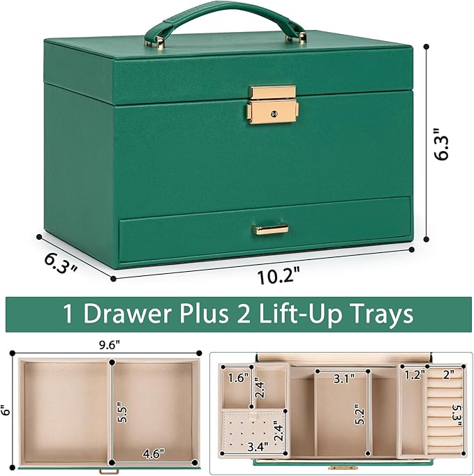 AKOZLIN Travel Jewelry Box Organizer Functional 2-trays Leather Jewelry Storage Case with Lockable Portable Drawer for Women Girls Ring Necklace Earring Bracelet
