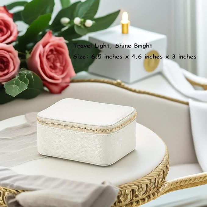 VLANDO Travel Jewelry Box Organizer – Portable PU Leather Jewelry Case with 6/8/12 Zippered Pouches, Compact Storage for Earrings Rings Necklaces Bracelets, Offwhite