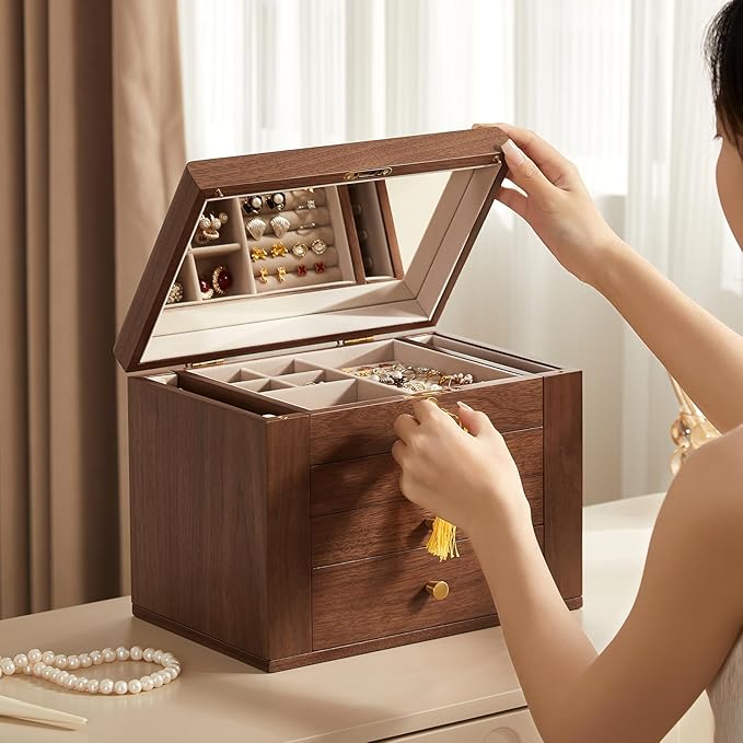 CHOSIN Black Walnut Wooden Jewelry Box, 4 Layer Lockable Wood Jewelry Organizer with Mirror, Side Doors & Brass Handle, Classical Design for Rings, Necklaces, Earrings, Mothers Day Gifts for Mom