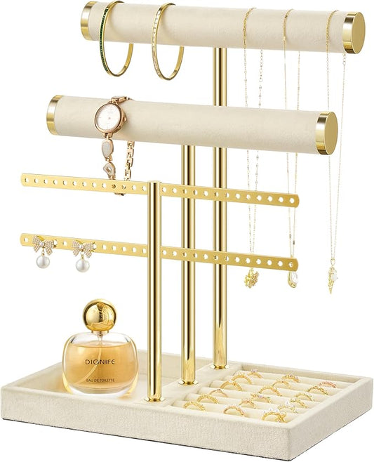 bussdis 3 Tier Bracelet Holder Display - Detachable T Bar Beige Velvet Bracelet Holder, Jewelry Holder Organizer for Bracelet, Necklace, Earrings, Rings