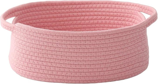 JMvicyroam Woven Basket,Small Rope Storage Bin with Handles & Ribbon Bag, Organizer for Shelves Closets,Gift Basket Empty for Birthday,Books,Dog Toys, Pink