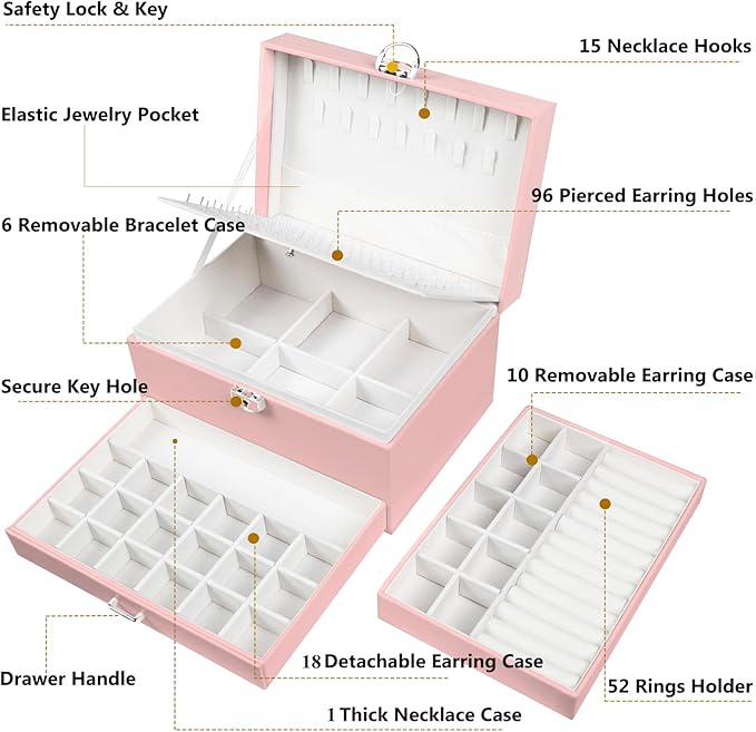 QBestry Earring Jewelry Box for Girls Pink, 5 Layers Jewelry Organizer with Lock Key Jewelry Boxes for Women Necklace and Earring Holder Organizer for Girls Teen Jewelry Box Earrings Case Xmas Gifts