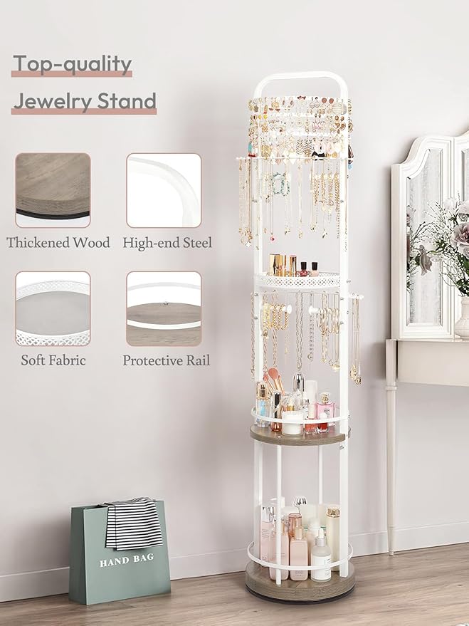 Jewelry Holder Organizer, Floor Jewelry Organizer with Earring Organizer Necklace Holder, Rotating Jewelry Stand Necklace Display Earring Storage, Large Hanging Jewelry Tree for Jewlery Bracelet Ring