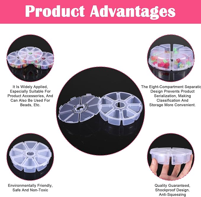 3 PCS 8 Grids Clear Round Bead Organizer Box, Plastic Compartment Organizer Box Jewelry Bead Display Organizers Container for Jewelry Beads Rings Earrings