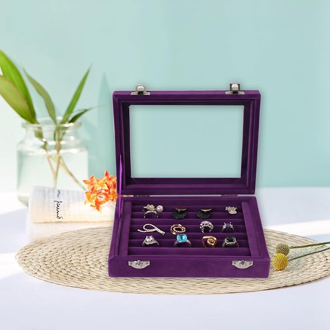 Jewelry Box Rings Organizer Tray 7 Slots Velvet Jewelry Earring Storage Box With Transparent Lid Jewelry Display Case for Girls Women (Purple)