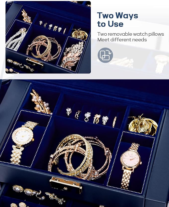 Homde Mothers Day Gifts Synthetic Leather Huge Jewelry Box Mirrored Watch Organizer Necklace Ring Earring Storage Lockable Gift Case (Dark Blue + Gold)