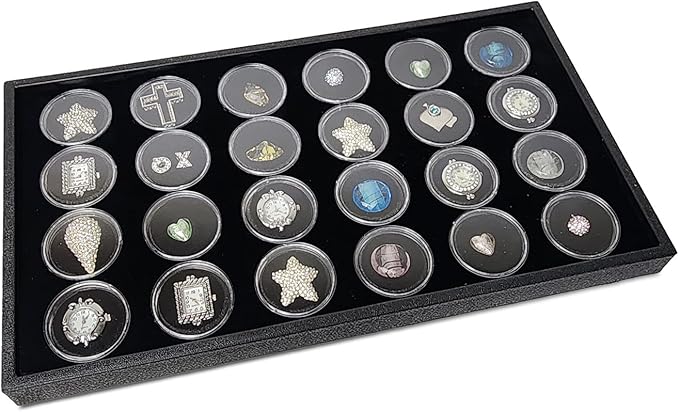 Ikee Design 24 Gem Showcase Stackable Jewelry Display Tray for Collectibles, Rock Storage Box Gemstones Bead Storage Jars, Black Foam, Black Tray, 14 7/8W x 8 3/8D x 1H in