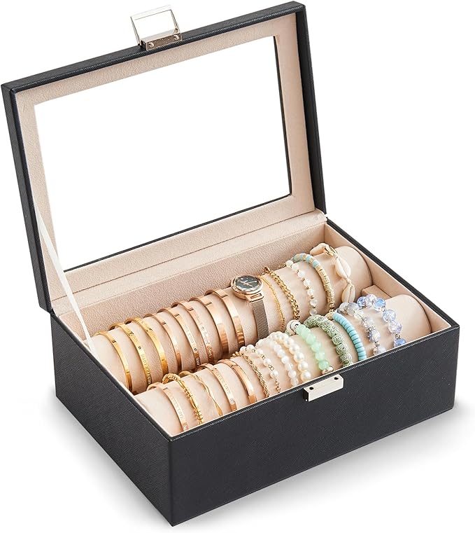 Lolalet Bracelet Display Holder with Rods for Bangles Watches, Clear Lid Jewelry Organizer Box Storage Case for Mothers Day Gifts -Black, 2 Rolls