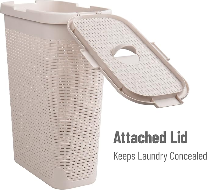 Mind Reader Slim Laundry Hamper with Lid, 40L Clothes Basket, Narrow Tapered Design with Ventilated Cutout Pattern, Plastic, Ivory