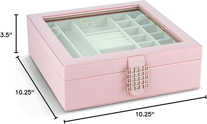 Glenor Co 28 Section Jewelry Box - 2 Layer & Buckle Magnet Closure - Large Glass Top - Leather Design - Soft Pink - Jewelry Organizer for Women & Girls - for Earring Ring Necklace & Bracelet