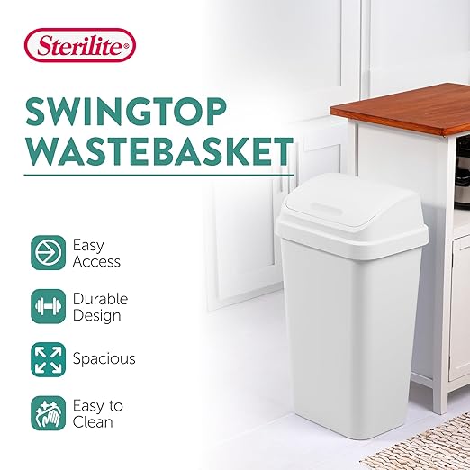 Sterilite 8-Pack Swing Top Wastebasket, Sleek Square Profile Trash Can, 13 Gallon, White - Modern Garbage Bin for Kitchen, Bathroom, Garage and Workspace, Fits 13 Gal Liners
