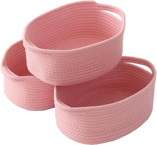 JMvicyroam Woven Basket,Small Rope Storage Bin with Handles & Ribbon Bag, Organizer for Shelves Closets,Gift Basket Empty for Birthday,Books,Dog Toys, Pink/3 Pack