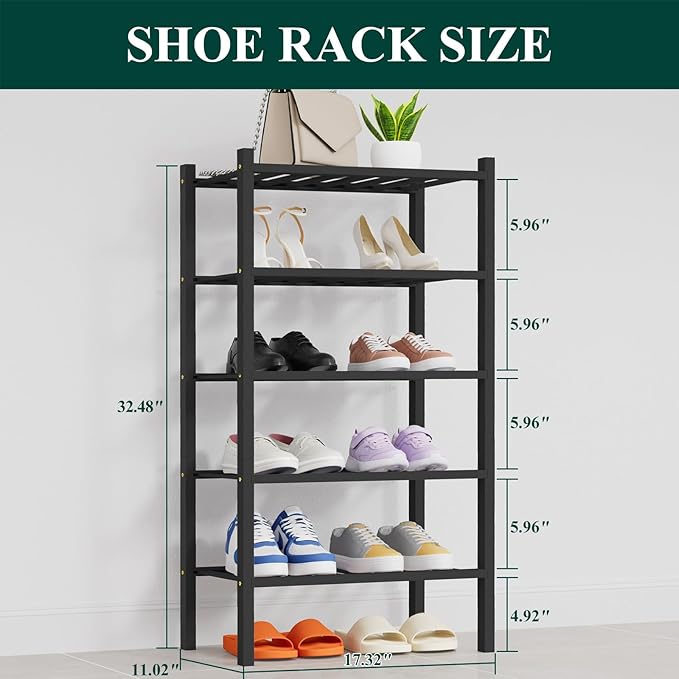 Smiry Shoe Rack, 5 Tier Thick Small Bamboo Shoe Organizer, Stackable Free Standing Wooden Shoe Storage Shelf for Closet, Entryway, Front Door Entrance, Black