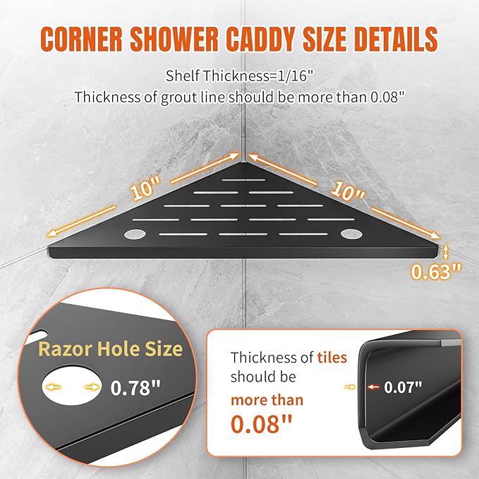 Corner Shower Shelves with Razor Hole, Modern Sturdy Shower Caddy, 10" 304 Stainless Steel Shower Organizers Bathroom Shelf for Tile Wall, No Drilling Grout Mount Shelf for Shower,Bathroom Accessories