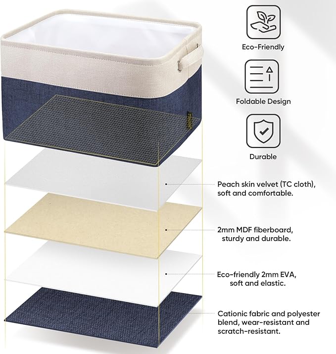 BALEINE 4 Pack Fabric Closet Storage Bins for Shelves, Linen Closet Organizers and Storage, Decorative Baskets for Organizing, Shelf, Clothes, Home, Office (Navy Blue, 15"x11"x9.5")
