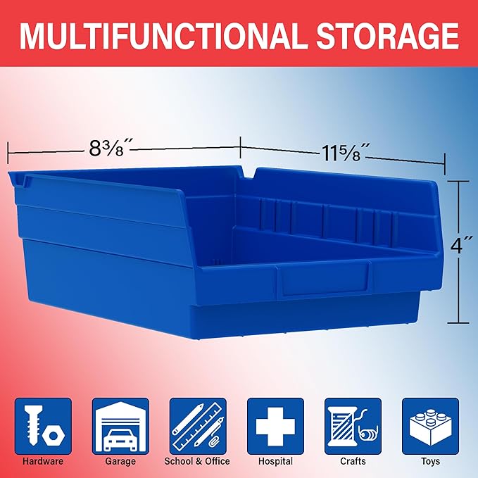 Akro-Mils 30150 Plastic Shelf Bins, Heavy Duty Storage Bins for Garage, Closet, and Drawer Organization, 12" x 8" x 4", Red, 12-Pack