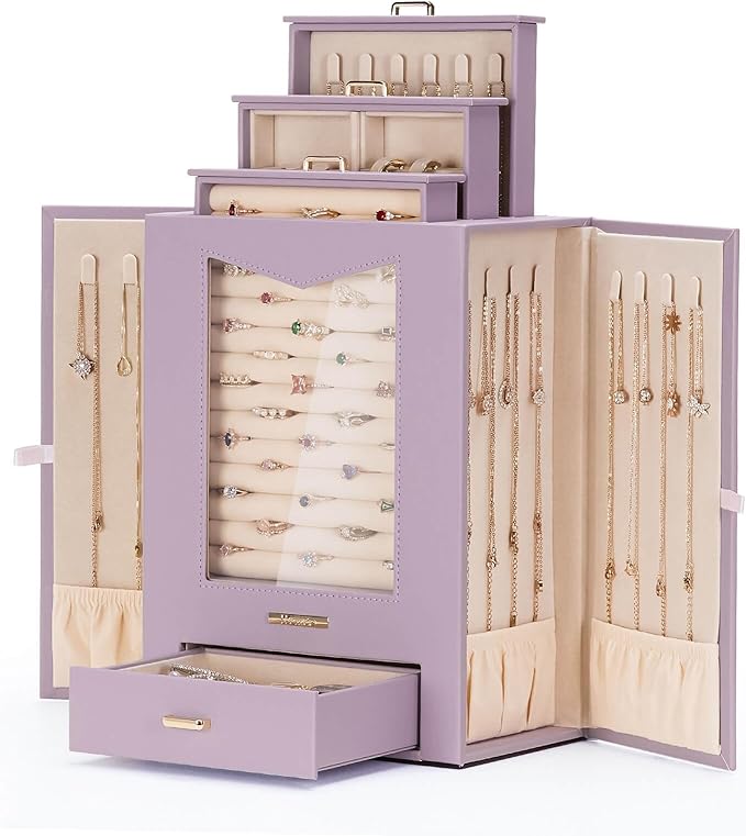 Homde Jewelry Organizer with Transparent Window Necklace Hooks Gift for Women Jewelry Box Display Case for Necklaces Rings Earrings Bracelets and Other Accessories (Grey Purple)