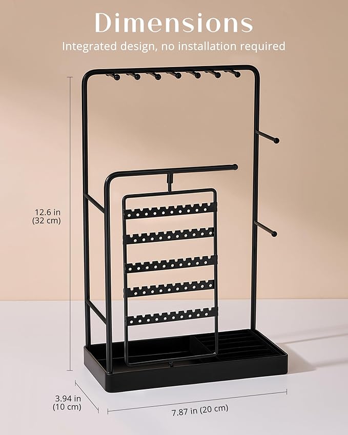 ProCase Jewelry Stand Holder Organizer, Jewelry Display Storage with Ring Tray, Rotating Earring Bracelet Necklace Holder, Valentine's Gifts Room Dorm Decor for Teen Girls -Black (No-Assembly)